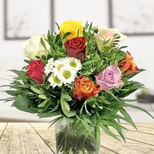 Bunter Blumenstrauß mit neun Rosen und weißen Santinis # Blumensträuße versenden mit Grußkarte von Rosenbote