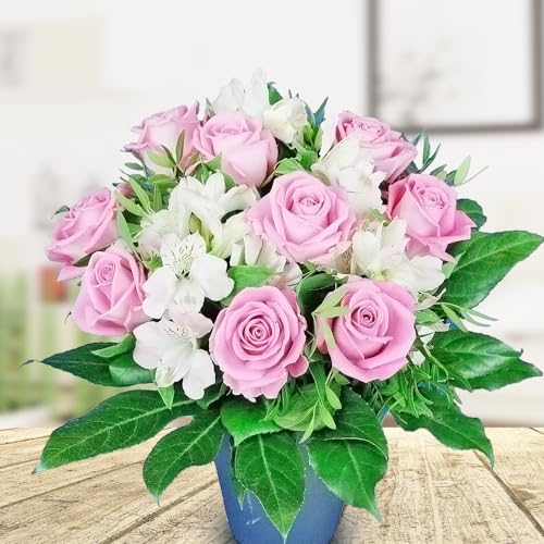 Rosa Rosen Blumenstrauß mit weißen Inkalilien - Inklusive Grußkarte von Rosenbote