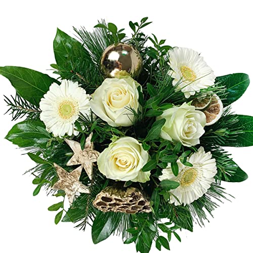 Blumenstrauß Weihnachten - Weiße Rosen und weiße Gerbera - Stimmungsvoll weihnachtlich dekoriert- Inklusive Grußkarte # Blumen # Strauß # Weihnachten # Advent von Rosenbote