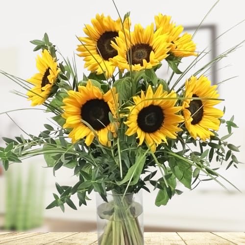 Blumenstrauß mit 7 Sonnenblumen, Gräsern und frischem Grün - Inklusive gratis Grußkarte von Rosenbote