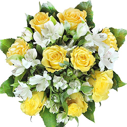 Blumenstrauß mit gelben Rosen und weißen Alstromerien - Inklusive Grußkarte # Geschenk zum Geburtstag von Rosenbote