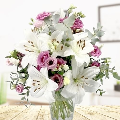 Die besten Wünsche - Blumenstrauß mit weißen Lilien, rosa Lisianthus und Eukalyptuszweigen von Rosenbote