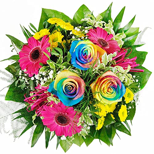 Rainbow Disco - Poppig bunter Blumenstrauß mit Regenbogenrosen # Geschenkidee # Geburtstag # Farbe im Leben von Rosenbote