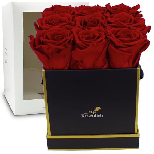 Rosenlieb Rosenbox mit 9 Infinity Rosen (3 Jahre haltbar) | Echte konservierte Blumen | Handgefertigte Flowerbox Inkl. Grußkarte |Geschenk für Frauen Valentinstag Muttertag (Square Schwarz, Rot) von Rosenlieb