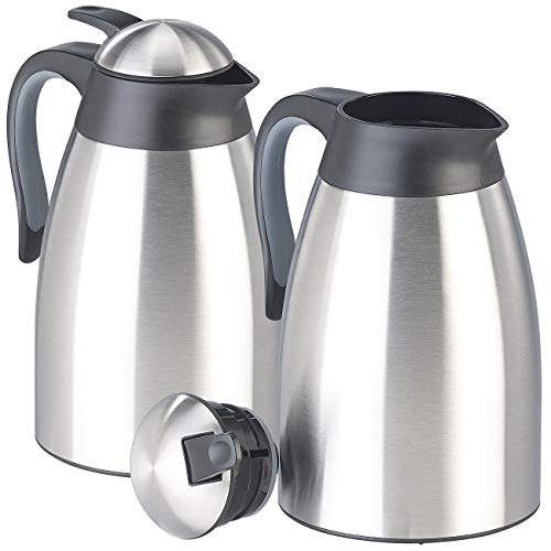 Rosenstein & Söhne Vakuum-Kaffeekanne: 2er-Set doppelwandige Edelstahl-Vakuum-Isolierkanne m. Ausgießtaste (Isolierkannen Einhandautomatik, Wärmespeicherungen Lunchs Camping, Flasche) von Rosenstein & Söhne