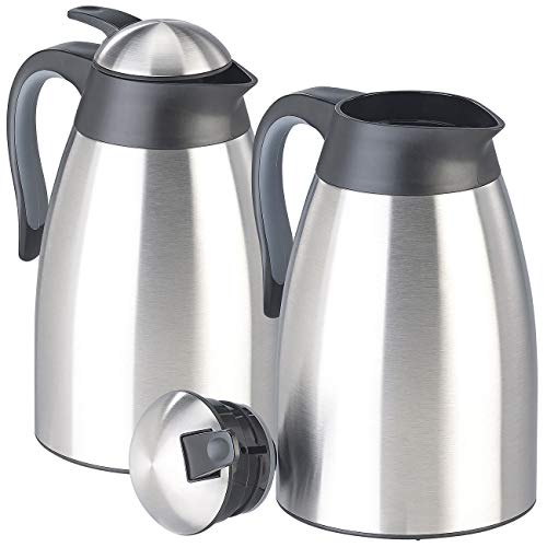 Rosenstein & Söhne Vakuum-Thermokanne: 2er-Set doppelwandige Edelstahl-Vakuum-Isolierkanne m. Ausgießtaste (Wärmespeicherungen Lunchs Camping, Warmhalte-Kanne) von Rosenstein & Söhne