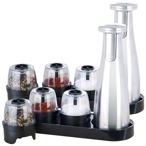 Rosenstein & Söhne Akku Salzmühlen: 2er Set Akku-Multi-Gewürzmühle mit 3x 150-ml-Wechselbehälter (Salz- & Pfeffer-Mühlen 3in1, Pfeffermühle) von Rosenstein & Söhne