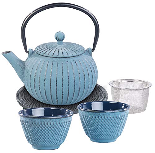 Rosenstein & Söhne Teeservice Gusseisen: Asiatische Teekanne, Untersetzer und 2 Becher aus Gusseisen, blau (Teeset, Japanische Teekanne, Isolierbecher) von Rosenstein & Söhne