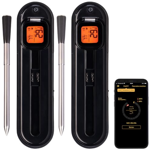 Rosenstein & Söhne Rindfleisch-Thermometer: 2er-Set kabellose smarte Fleisch-, Braten- & Grill-Thermometer,BT5,App (Grillthermometer Digital Funk, Digital-Bratenthermometer, Grillspiesse) von Rosenstein & Söhne