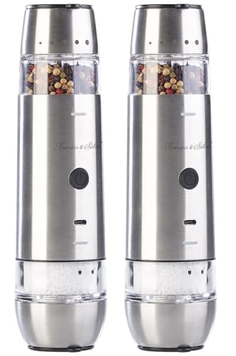 Rosenstein & Söhne Mehrzweck-Gewürzmühle: 2er-Set automatische 2in1-Akku-Gewürzmühlen mit 2 Keramik-Mahlwerken (Akku-Multi-Gewürzmühle, Salz-Pfeffer-Mühle 2in1, Schleifer) von Rosenstein & Söhne