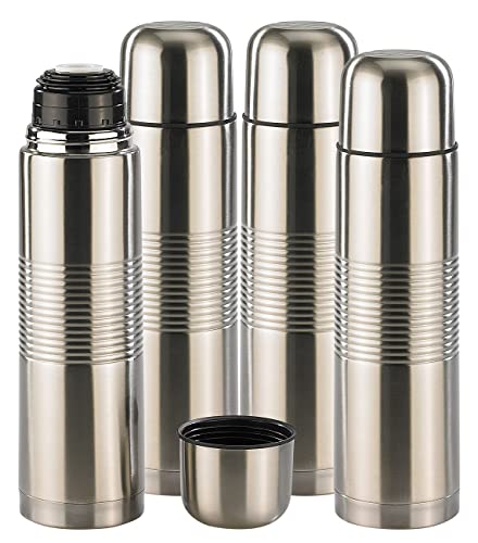 Rosenstein & Söhne Vakuum-Flasche: 4er-Set Edelstahl-Isolierflaschen mit Becher im Deckel, 1,0 l (Wärmespeichernde Flasche, Thermokannen für Kaffees, Tees, Glühweine, Trikflasche) von Rosenstein & Söhne