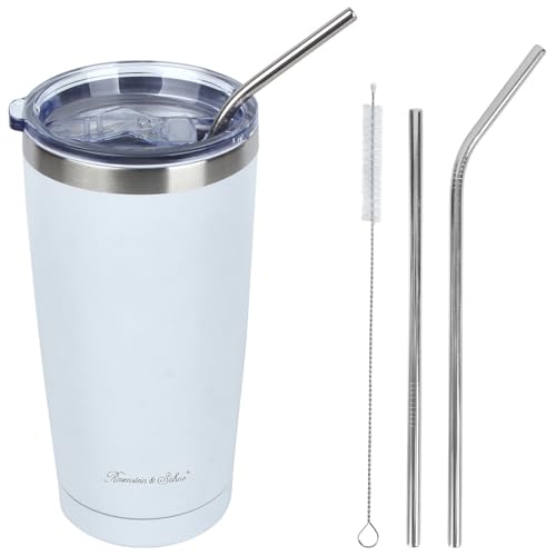 Rosenstein & Söhne Vakuumbecher: Doppelwandiger Isolierbecher, weiß, für bis zu 600ml, Edelstahl (Doppelwandige Isolier-Becher, Thermobecher mit Strohhalm) von Rosenstein & Söhne