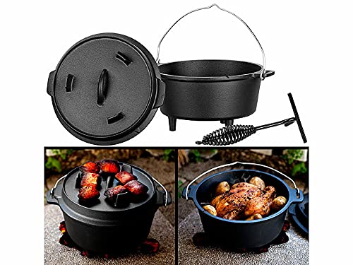 Rosenstein & Söhne Gusstopf: Dutch Oven aus Gusseisen mit Standfüßen, 2in1-Deckel & -Pfanne, 3 l (Feuertopf) von Rosenstein & Söhne