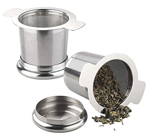 Rosenstein & Söhne Sieb: 2er-Set Premium-Edelstahl-Teesieb Micro-Geätzt mit Deckel für Tassen (Teesieb Edelstahl für Kanne, Tassensieb, Kaffeebereiter) von Rosenstein & Söhne