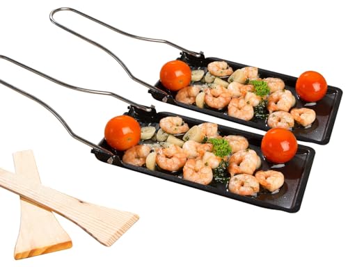Rosenstein & Söhne Grillpfännchen: 2er-Set Grill-Pfännchen mit klappbarem Griff, spülmaschinenfest (Raclettpfännchen, Raclette Grillpfännchen, Grillplatten) von Rosenstein & Söhne
