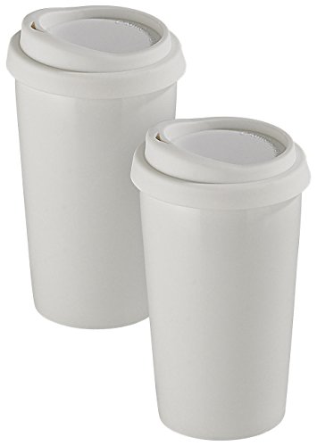 Rosenstein & Söhne Kaffeebecher: 2 Coffee-to-go-Becher aus Keramik, Silikondeckel, 250 ml, doppelwandig (Thermobecher Keramik doppelwandig, Silikondeckel Kaffeebecher, Getränkehalter) von Rosenstein & Söhne