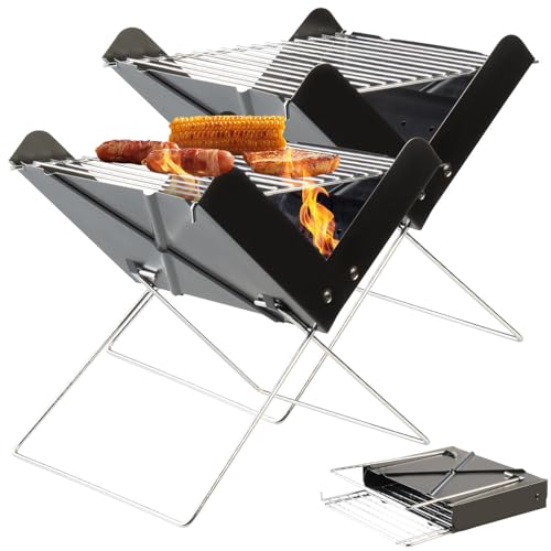 Rosenstein & Söhne Mini-Grill: 2er-Set Klappbarer Kohle-Grill mit Rost und Kohleschale, 29x25x29 cm (Picknick, zum zusammenklappen, Schaschlik) von Rosenstein & Söhne