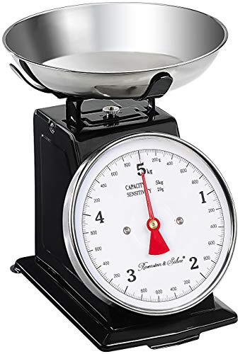 Rosenstein & Söhne Feinwaage analog: Analoge Retro-Küchenwaage bis 5 kg mit Tara-Funktion, schwarz, Metall (Kuechenwaage, Küchenwaage Vintage, Schüssel) von Rosenstein & Söhne