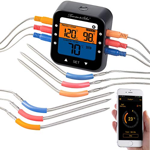 Rosenstein & Söhne Backthermometer: Profi-Grillthermometer mit Bluetooth und App, Farb-Display, 6 Fühler (Thermometer Bluetooth, Funk Temperaturmessung, mehrere Temperatursensoren) von Rosenstein & Söhne