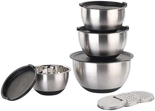 Rosenstein & Söhne Schüsselset: 11-teiliges Premium-Rührschüssel-Set mit 3 Reibeaufsätzen, Edelstahl (Edelstahl Schüssel, Rührschüsselset, Zerkleinerer) von Rosenstein & Söhne