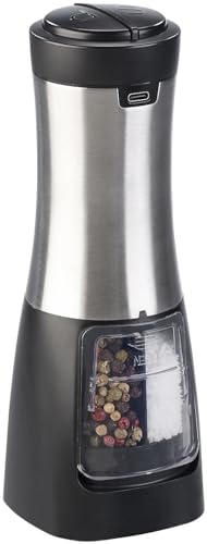 Rosenstein & Söhne Gewürzmühle Akku: 2in1-Akku-Salz- & Pfeffermühle mit zwei getrennten Kammern, silber (Pfeffermühle Keramikmahlwerk, Kombi-Gewürzmühle, Salzstreuer) von Rosenstein & Söhne