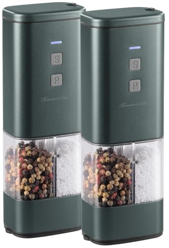 Rosenstein & Söhne 2in1-Akku-Gewürzmühle: 2er Set 2in1-Akku-Salz- und Pfeffermühle mit Keramik-Mahlwerk (Elektrische Kombi-Gewürzmühle, Elektrischer Gewürzstreuer, Küchenhelfer) von Rosenstein & Söhne