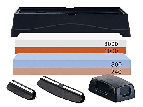Rosenstein & Söhne Messerschärfer Stein: Schleifstein-Set, 2 Doppel-Schleifsteine, Winkelhilfe, Halter, Glätter (Wetzstein Set, Wasserstein, Schleifscheiben) von Rosenstein & Söhne