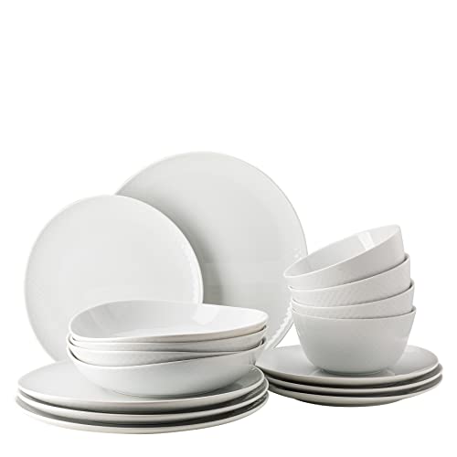 Rosenthal Junto White Set 16-tlg., Porzellan, Weiß, Flache Teller, Speiseteller Ø 22 cm, Tiefe Teller Ø 21,5 cm und Müslischalen Ø 14 cm, 0,62 l, Spülmaschinen- und Mikrowellenfest, Set für 4 Personen von Rosenthal