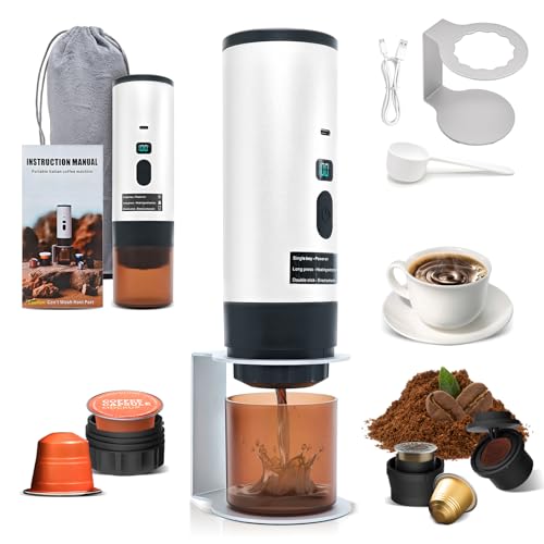 RoserRose Tragbare Kaffeemaschine, Reisekaffeemaschine, Drahtlos & Selbstwärmend - Mit 7800mAh Akku, USB-C Ladefunktion & 20-Bar-Presse, Kompatibel mit Nespresso/Dolce Gusto/Mahlkaffee (perlweiß) von RoserRose