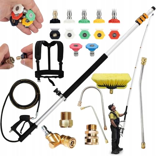 PowerReach ProMax 6,3 m – Teleskop-Hochdruckreinigerlanze | 4000 PSI | 7 Düsen | Set mit abgewinkelten Spitzen, Bürste und Tragegurt von Rosfix