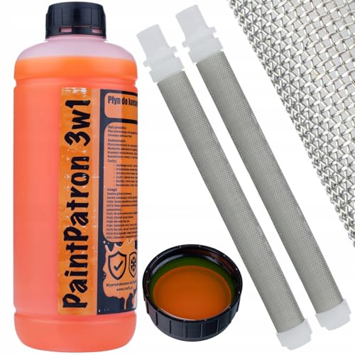 Rosfix PaintPatron 3w1 – Wartungs- und Reinigungsflüssigkeit + 2 Stück Filter für Spritzgerät | 1L, 60 Mesh | Korrosionsschutz, Reinigung | Malerzubehör-Set von Rosfix