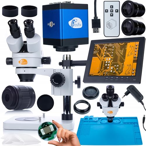 Rosfix Set Mercury Pro – Trinokular Stereo-Mikroskop 7–45x mit HDMI/VGA Kamera, 8" Display & Antistatikmatte | Simul-Focal | Für Elektronik, Labor, Juweliere von Rosfix