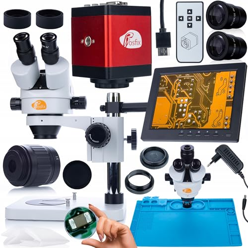 Rosfix Set Mercury Pro – Trinokular Stereo-Mikroskop mit 8" Display & HDMI-Kamera | Zoom 7–45x | C-Mount | Simul-Focal | Für Labor, Elektronik, Industrie | Mikroskopie-System von Rosfix