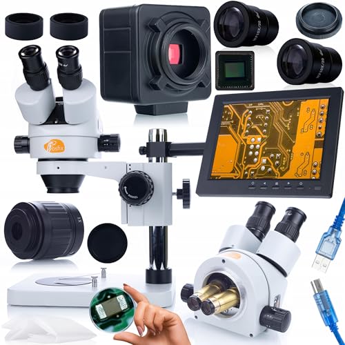 Rosfix Set Mercury Pro – Trinokulares Stereomikroskop mit 5MP Kamera & 8" Display | Zoom 7–45x, C-Mount, Simul-Focal | Für Labor, Industrie, Elektronik | Mikroskopie-System von Rosfix