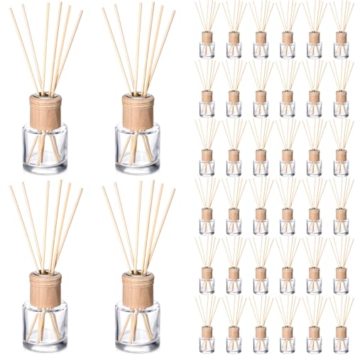 Roshtia 40 Set Reed Diffuser Bottle Leere Nachfüllbare Duftglas Diffusor Flaschen Set mit Holzkappen Rattan Sticks 50ml 48.2 g Runde Gläser für DIY Duft von Roshtia