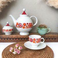 Vintage 70Er Blumen Teekanne, Retro Rot Orange Blumen, Schumann Arzberg China, Tee Set, Bavaria Germany von RosieFleur
