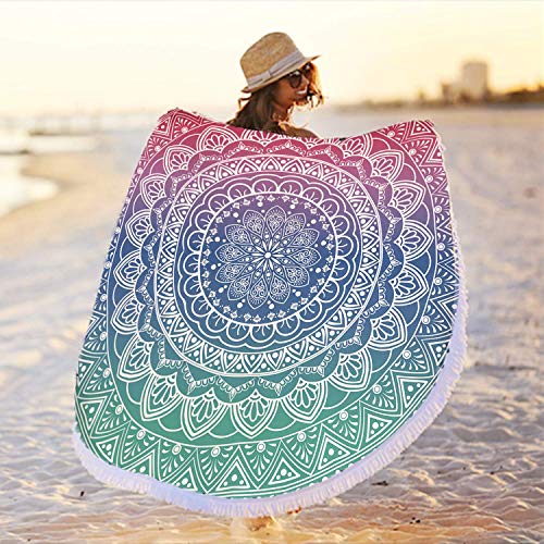 Großes rundes Mikrofaser-Mandala-Strandtuch mit Fransen, Bohemian-Stil, Hippie-/-Handtuch, schnell trocknend, dick, Überwurf, Tapisserie, Yogamatte, Picknick-Tischdecke, super saugfähig, Pink & Blau von RosieLily