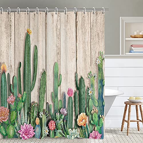 RosieLily Kaktus Duschvorhang Kakteen Holzbrett Duschvorhang rustikale tropische Pflanze grüne Blätter Sukkulenten Kaktus Badezimmer Dekor 213 cm (183 x 213 cm) von RosieLily