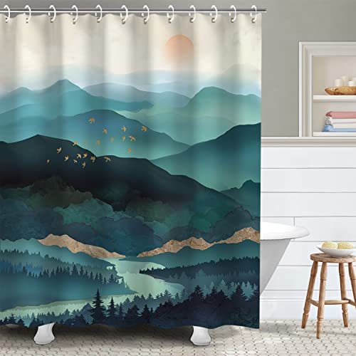 RosieLily Mountain Duschvorhang, Blaugrün, Duschvorhang für Badezimmer, Duschvorhang Kunst Cool Nature Duschvorhanghaken, Wasserfarben Nebel Wald, Sonnenuntergang, Duschvorhang, 183 x 183 cm (B x H) von RosieLily