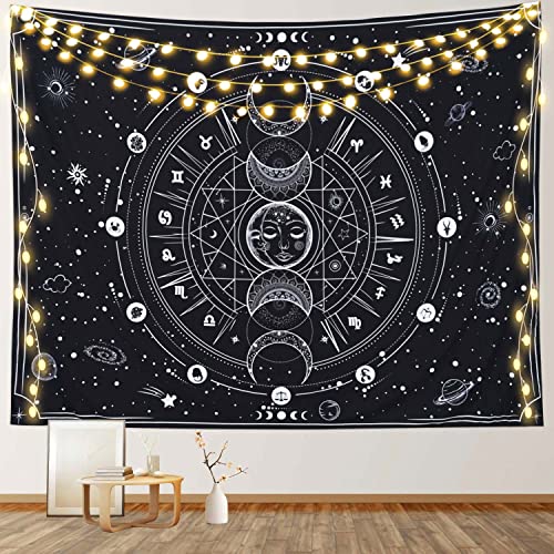 RosieLily Wandteppich Sonne und Mond, Schwarz und Weiß, Sternzeichen-Wandteppich, Astrologie, Weltraum, Sterne, Wandbehang, Mondphase, Schlafsaal, 150x200 cm von RosieLily