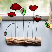 Rote Glasblumen Auf Einem Stiel, Mohnblumenstrauß Von 7 Blumen Mit Ständer Oder Vase, Sonnenfänger von Roslynka