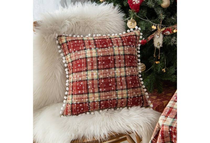 Rosnek Kissenbezug Schneeflocke Pompon, kariert, für Tisch- und Stuhldeko zu Weihnachten, (2 Stück) von Rosnek