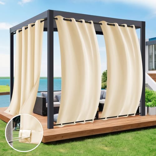 Rosnek 2 Stück Outdoor Vorhang Wetterfest Unten Gewichtet, Outdoorvorhänge mit Ösen 274x132cm Outdoor Vorhänge Wasserdicht Außenvorhang,Winddicht Balkon Gardinen für Terrasse,Pergola,Pavillon von Rosnek