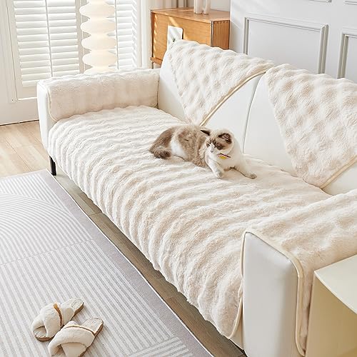 Rosnek Couch überwurf,Plüsch Superweich Sofaüberwurf rutschfest Sofabezug Sofaüberwurf Verdicktes Dekoration Für 2 3 Sitzer Sofa,2er 3er Sofa mit Armlehne,90x90 cm,Creme von Rosnek