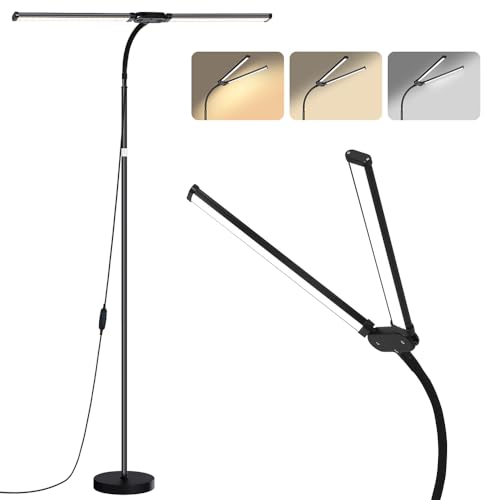 Rosnek Doppelkopf Stehlampe LED Dimmbar, Einstellbare Moderne Leselampe mit 3 Farbtemperaturen, LED Licht Stehlampen für Büro Wohnzimmer Schlafzimmer, Schwarz von Rosnek
