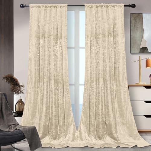 Rosnek Samt Gardinen Beige Vorhang Kräuselband 2er Set,H260xB132CM Thermogardine Luxus Vorhang Blickdicht mit Muster,übergardinen Vorhang Verdunkelung Barock Deko für Wohnzimmer,Beige von Rosnek