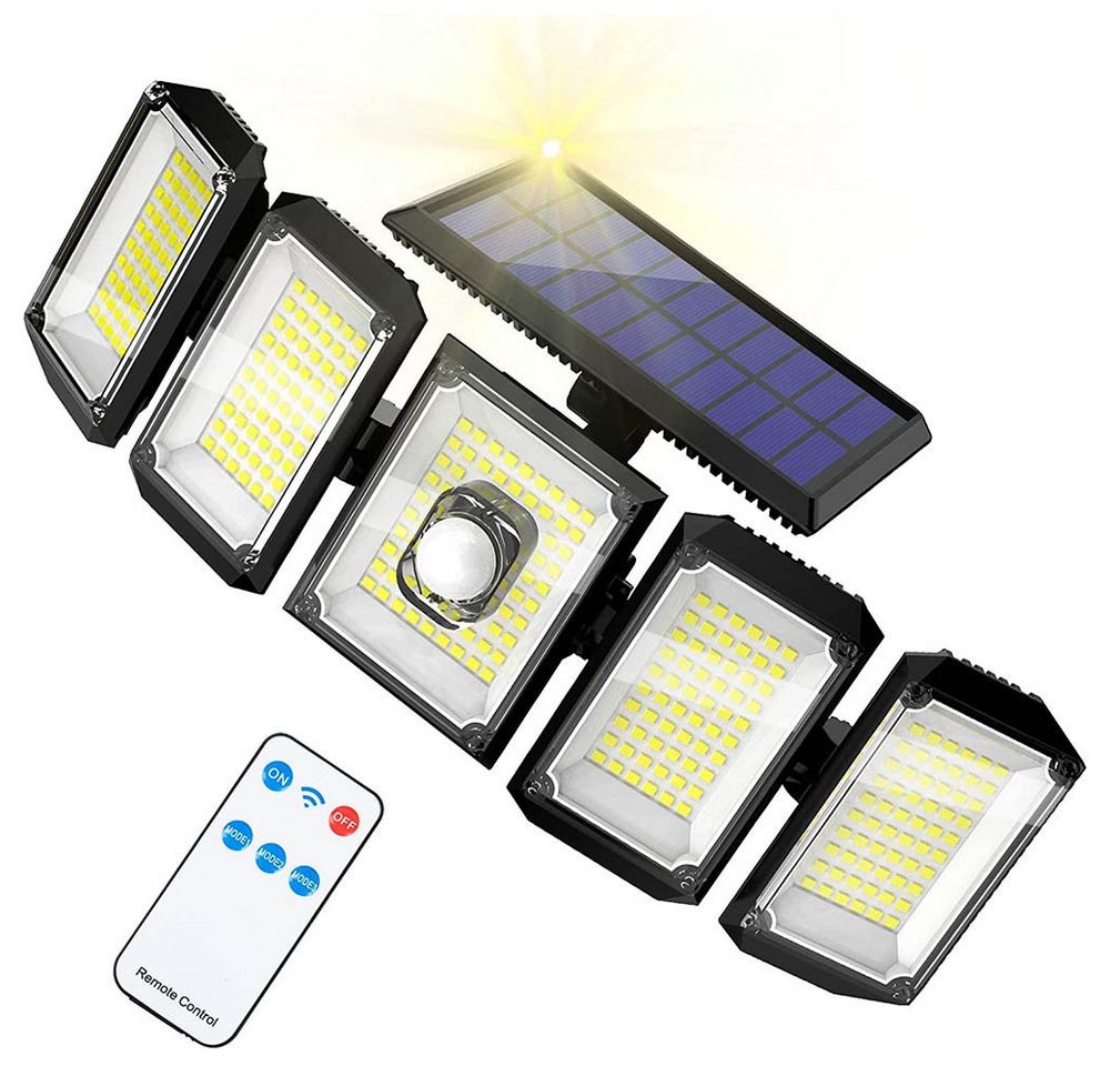 Rosnek LED Außen-Wandleuchte Solar, 5 Köpfe, Bewegungssensor, für Garage Terrasse Hof, Kaltweiß, Fernbedienung, 3 Beleuchtungsmodi, Außenbereich von Rosnek