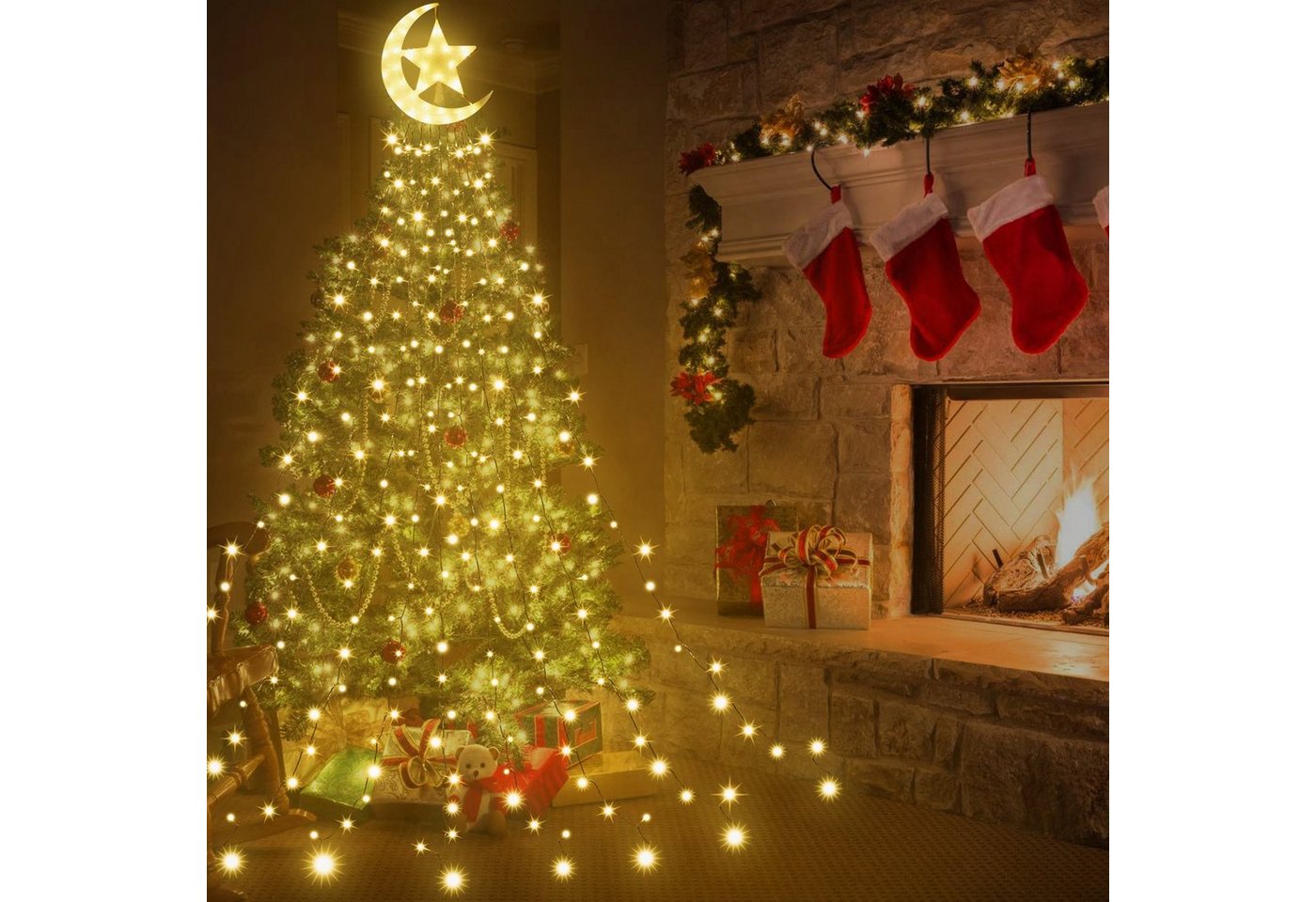 Rosnek LED-Baummantel 3.47M, 9 Stränge, 8 Modi, Timer, für Baum Weihnachten, 350-flammig, Ramadan, mit Topper Mondstern, Speicherfunktion, Dach Innenhof Deko, von Rosnek