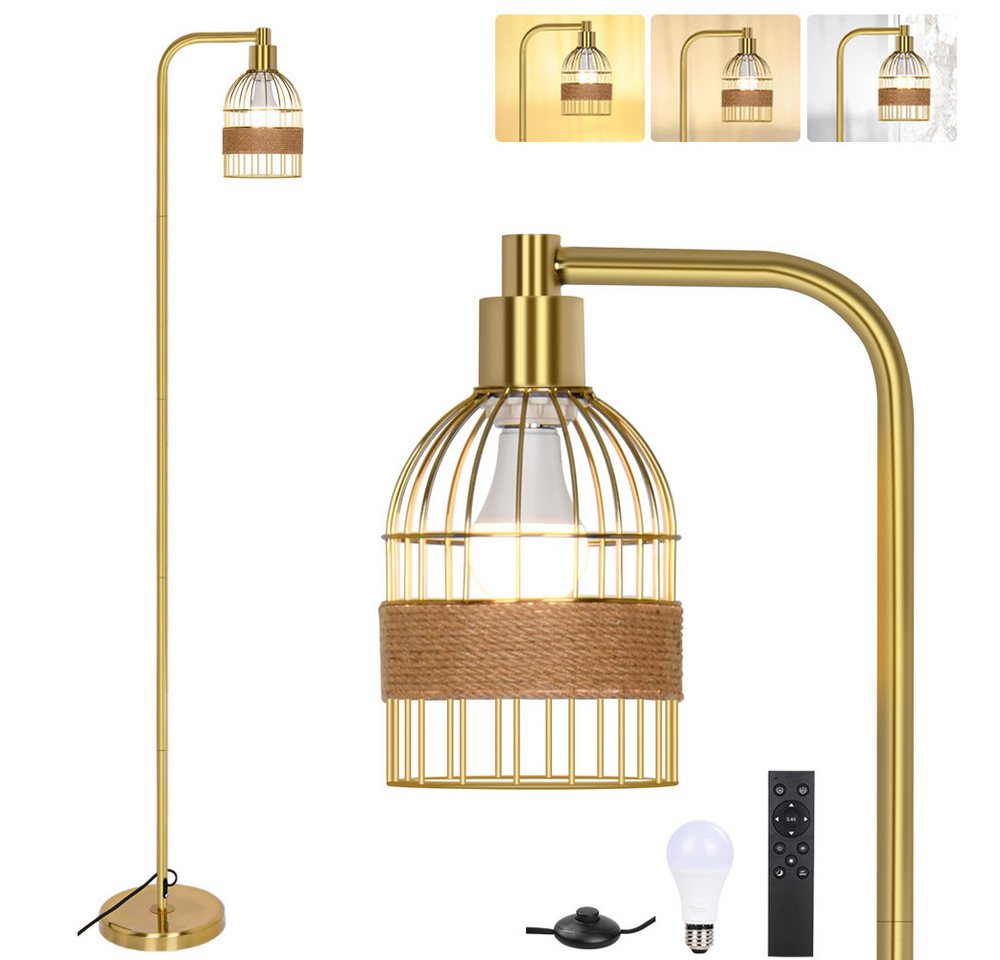 Rosnek LED Stehlampe Dimmbar LED Stehleuchte mit Fernsteuerung und Fußschalter 1,7m Höhe, Goldene, LED wechselbar, Warmweiß (3000K)/Naturweiß (4000K)/Kaltweiß (6000K), Lampenschirm aus Metallkäfig & Rattanseil, Leselicht mit E27-Glühbirne von Rosnek