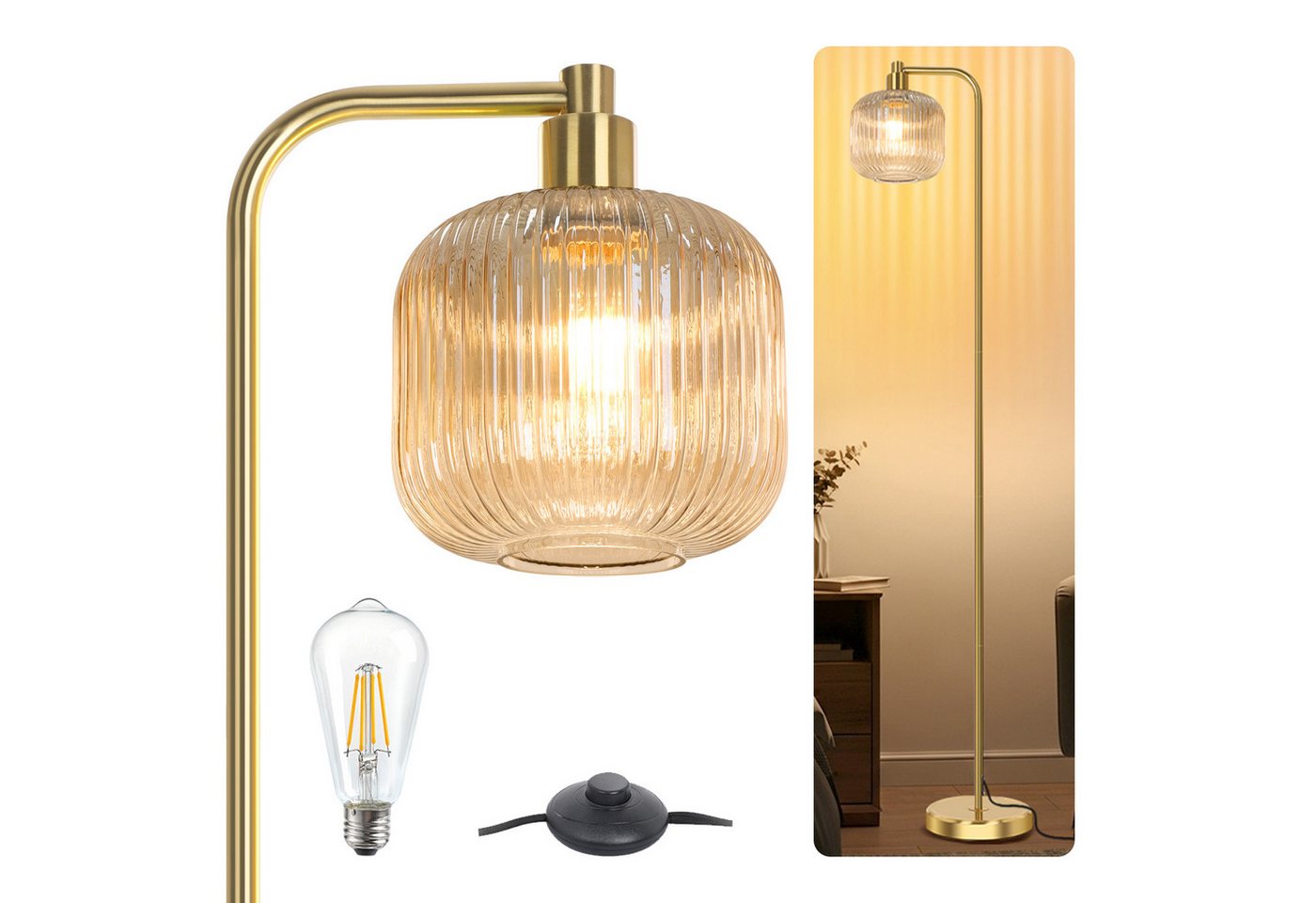 Rosnek LED Stehlampe Vintage Stehleuchte Wohnzimmer Retro Leselampe für Schlafzimmer Büro, Hellbraun, LED wechselbar, Warmes Weiß, 170CM, mit 1 E27 Glühbirne, Glas Lampenschirm & Fußschalter für Studio Rosnek LED Stehlampe Vintage Stehleuchte Wohnzimmer Retro Leselampe für Schlafzimmer Büro, Hellbraun, LED wechselbar, Warmes Weiß, 170CM, mit 1 E27 Glühbirne, Glas Lampenschirm & Fußschalter für Studio von Rosnek